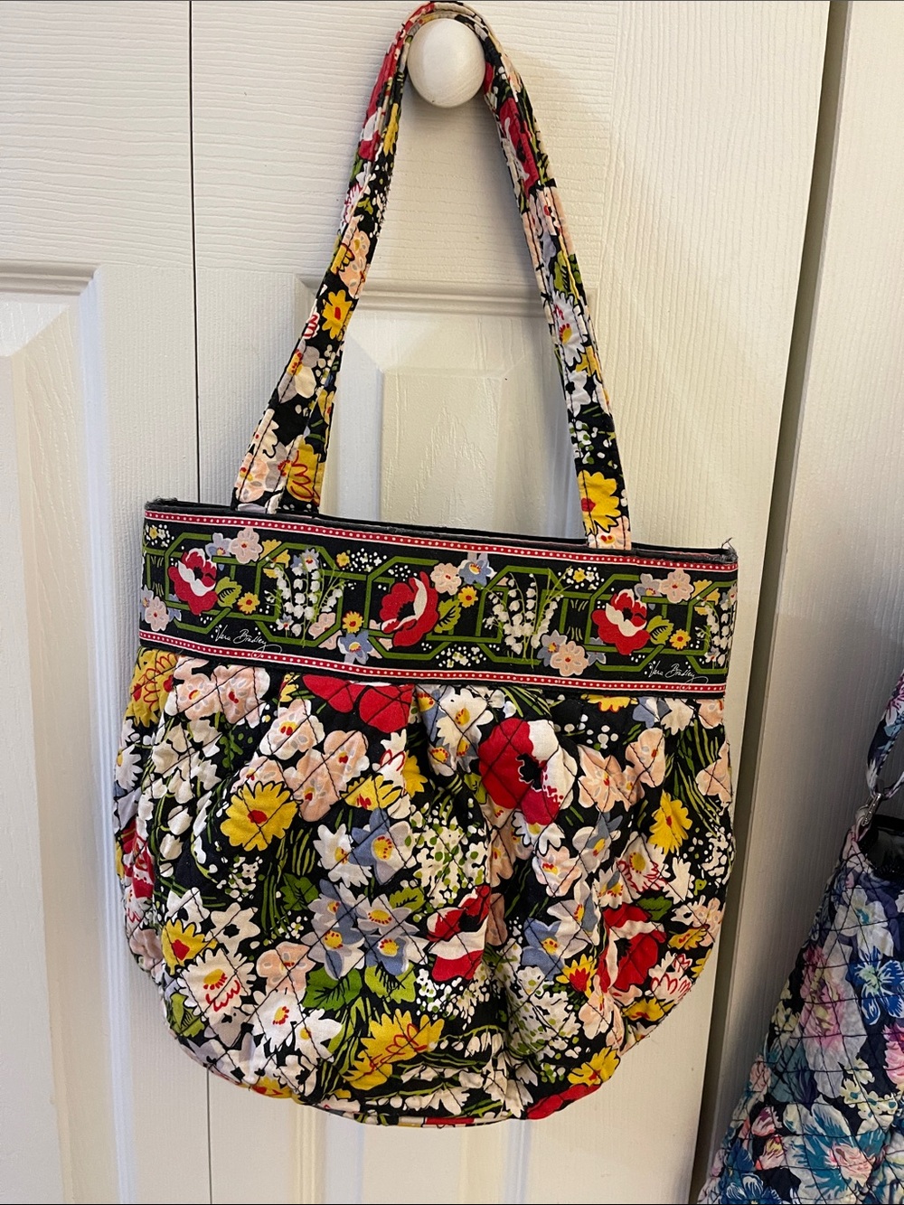 Vera Bradley Black Floral Quilted Tote with Red, Yellow and Green Accents
